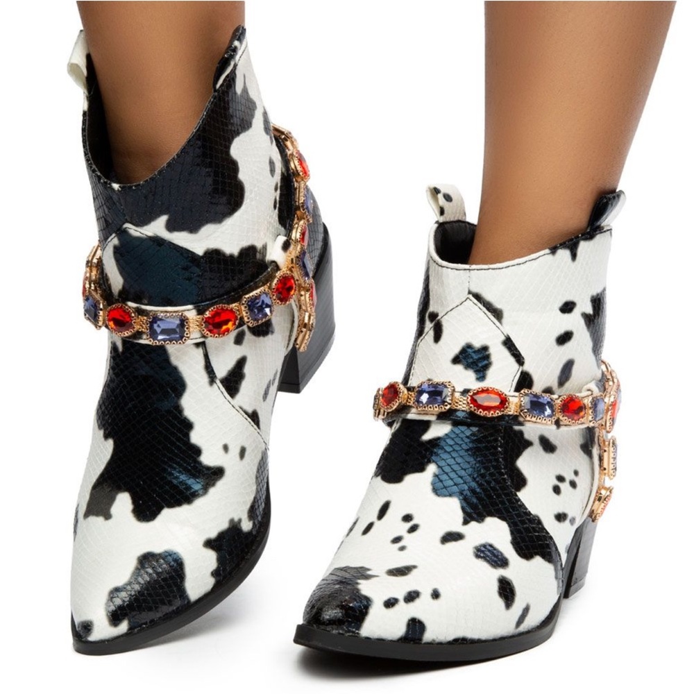 Liliana Black & White Cow-Print Jeweled Ankle Boots